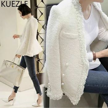 

coats 2018 Brand Lady Winter Pearls Tassels Woolen Jacket Coat Women Vintage Casaco Femme Warm Tweed Jacket Elegant Overcoat XXL