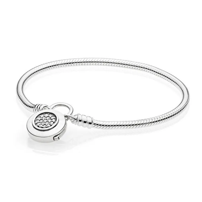 

925 Sterling Silver Bead Charm Snake Chain Fit Moments Smooth Bracelet with Branded Signature Padlock for Women DIY Jewelry Gift