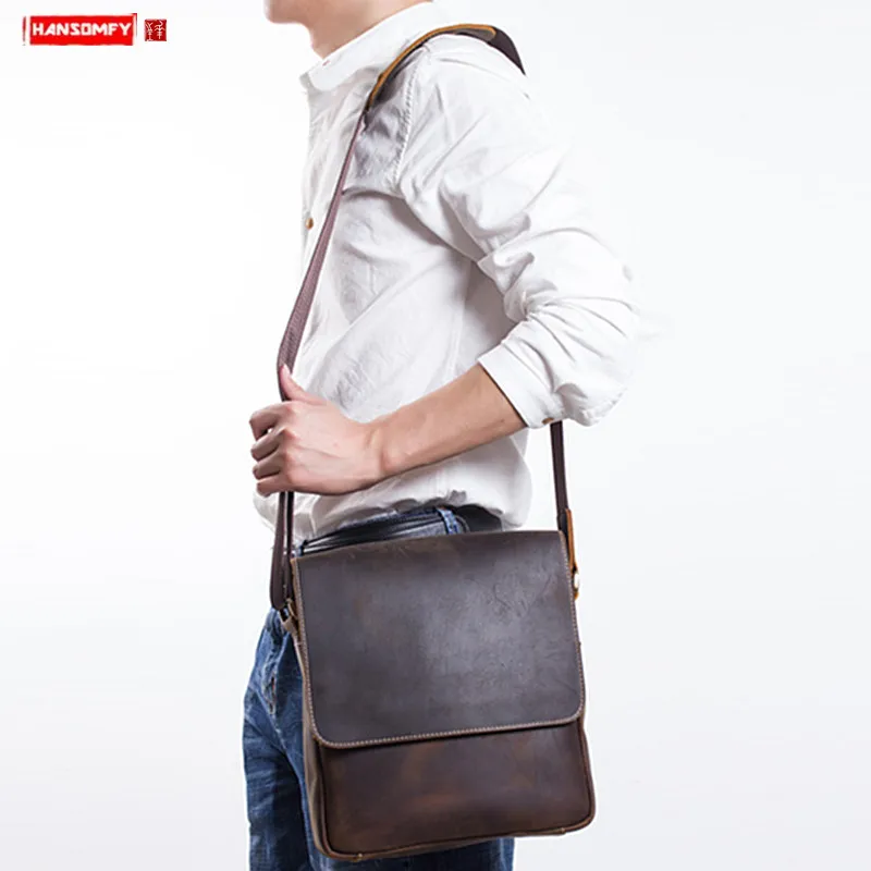 

Handmade leather retro men shoulder bag crazy horse leather diagonal men's small crossbody bag casual simple messenger bags