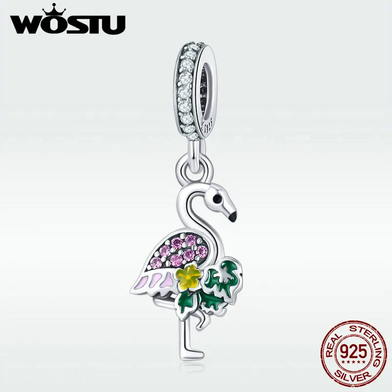 

WOSTU Real 925 Sterling Silver Colorful Flamingo Trendy Charms fit Original Beads Bracelet Necklace DIY Fashion Jewelry DXC849