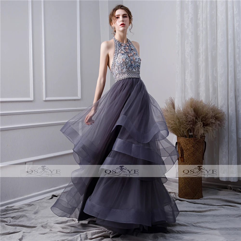 QSYYE Новое серое длинное платье для выпускного вечера Robe de Soiree с бретелькой через шею, с бусинами, цветами, Тюлевое сексуальное вечернее платье с открытой спиной, вечерние платья