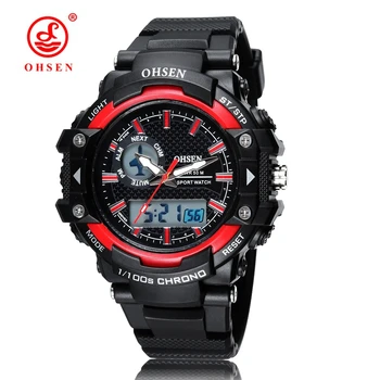 

2016 OHSEN brand digital LCD Men Boys Fashion Wristwatch Rubber strap 50M Waterproof Red Sport Army Watches Alarm Hand Clocks
