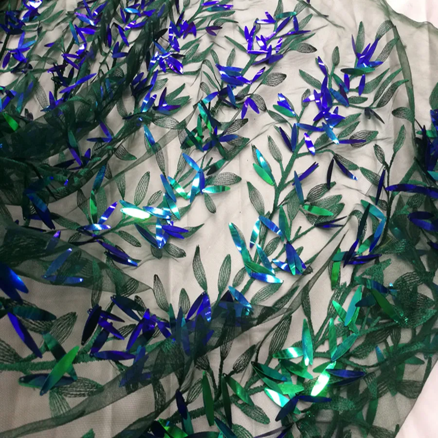 Темно-зеленая Тяжелая Рабочая Ткань с вышивкой пайетками плотная сетчатая пряжа вышитая листьями полосатая ткань с пайетками модный дизайн