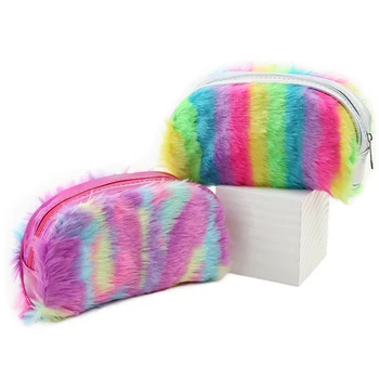 

Women Rainbow Plush Cosmetic Bag Females Travel Makeup Zipper Make Up Storage Bag Toiletry Wash Case Organizer Pouch For Girls