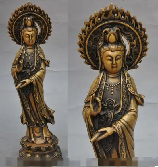

S06075 9" china buddhism joss bronze Stand lotus guanyin bodhisattva buddha vase statue