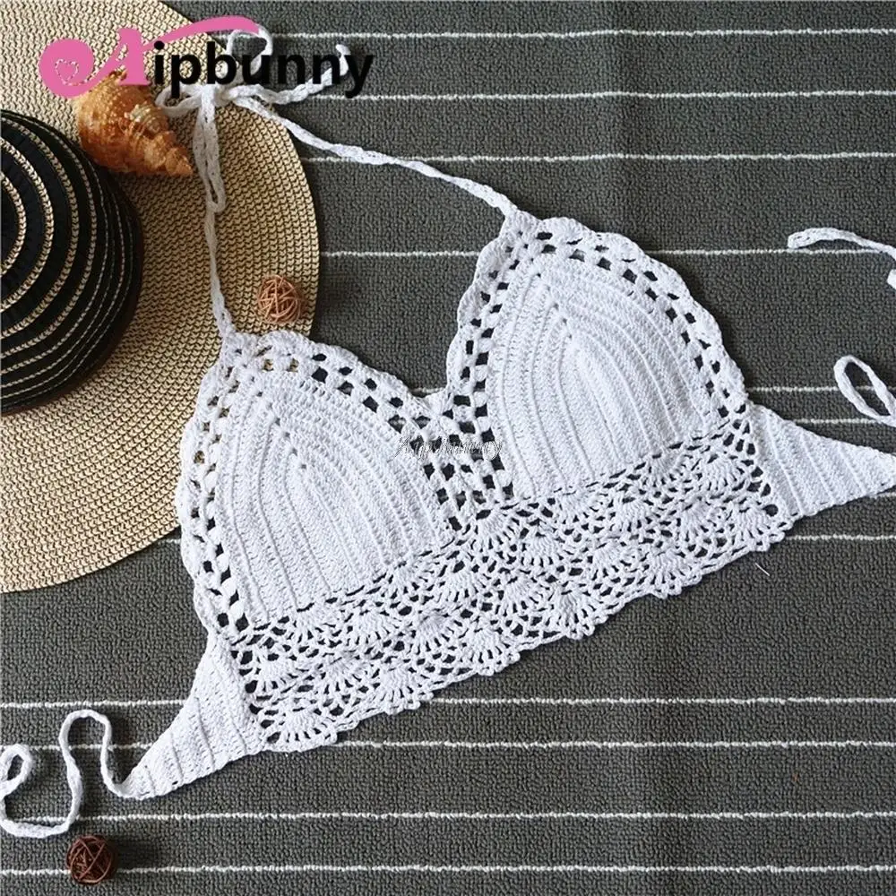 

2018 Sexy Hand made Knitted Suit Bathing High Quality femme Swimwear Bikini Tops Halter Women Crochet Swimsuit maillot de bain