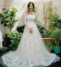Luxury Soft Lace Wedding Dresses White Square Collar Neck Off The Shoulder A Line Long Sleeves Elegant Lace Up Bridal Gowns 2019 white lace details off the shoulder flared sleeves dress