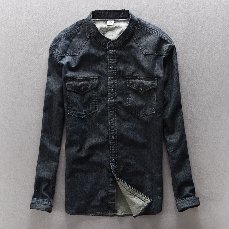 Men Cotton Stand-collar Denim Shirt 