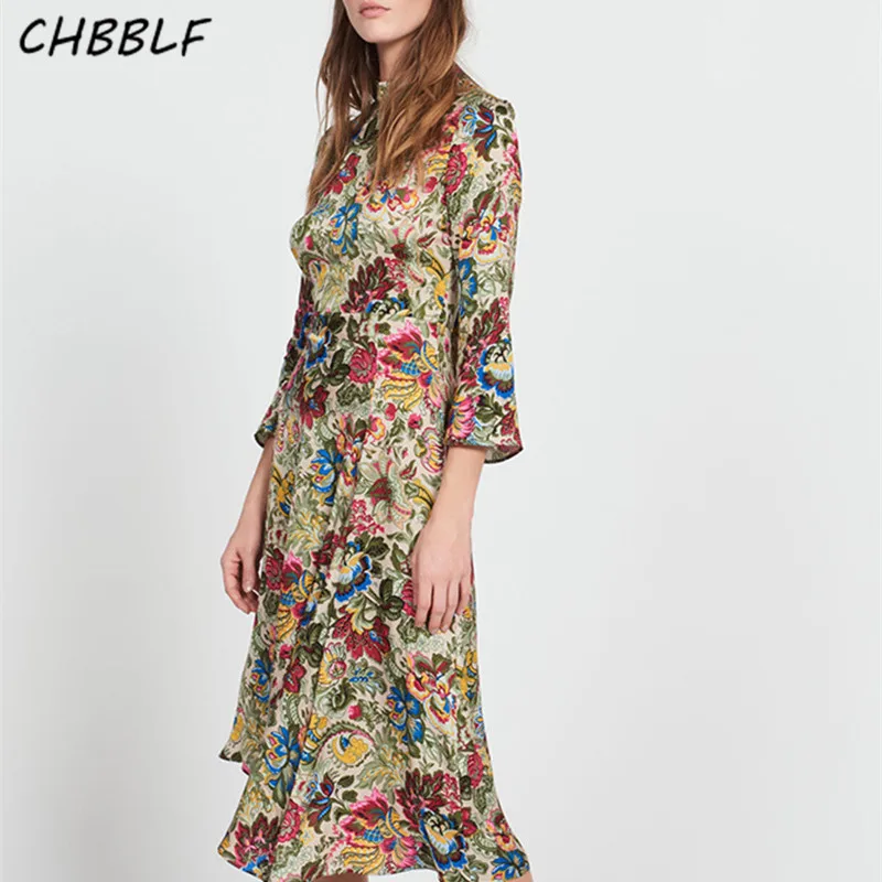 

CHBBLF women sweet floral print midi dress back bow tie irregular design female casual mid calf dresses vestidos POP1763