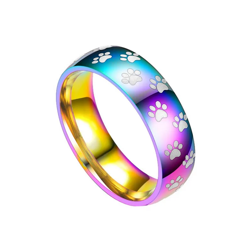 

Personalized Gifts Free Customize Engraved Name Rainbow Rings For Women Stainless Steel Pet Footprint Paw Ring Men Jewelry Gifts