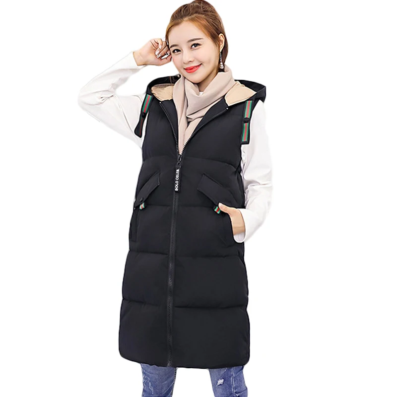 2018 New Arrival Women Winter Vest Women Long Vest Jacket Sleeveless Hooded Down Cotton Slim Waistcoat Warm Vest D128