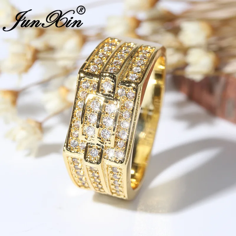 

JUNXIN Male Gold Color Geometric Big Ring Luxury Cubic Zirconia Finger Ring Fashion Wedding Rings For Men Birthstone Jewelry
