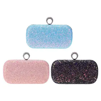 

Women Ladies Blue Glitter Sequins Chain Handbag Sparkling Party Finger Ring Evening Envelope Clutch Bag Hard Wallet Tote Purse