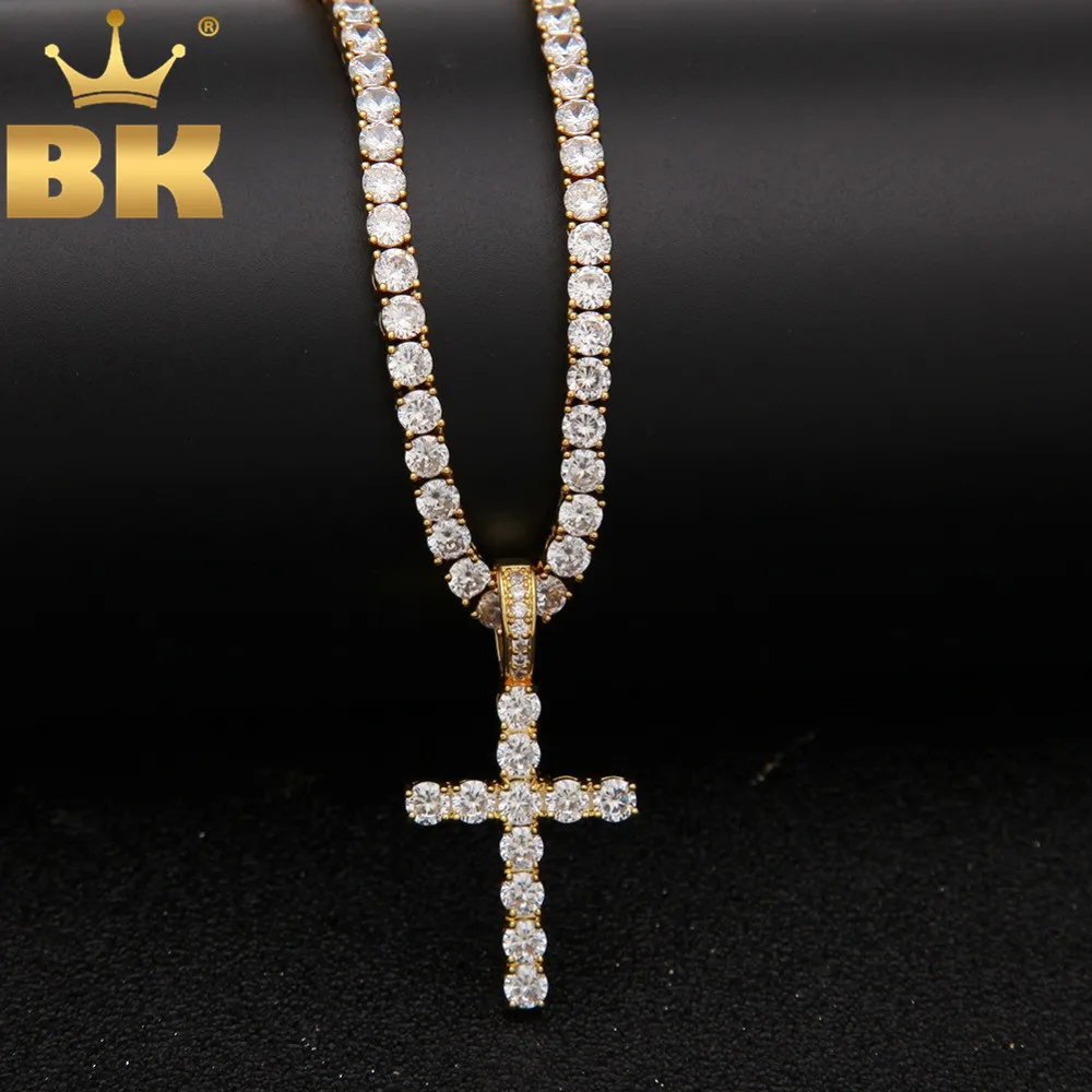 

Cubic Zirconia Cross Pendant With 4mm CZ Tennis Chains Necklace For Men Gold Silver Hiphop Jewelry Wholesale Drop Shipping