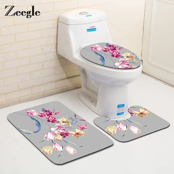 

Zeegle Flower Bath Mat 3pcs Non-slip Mats Bathroom Floor Mats Absorbent Flannel Carpet Toilet Rug Foot Pad Home Decor