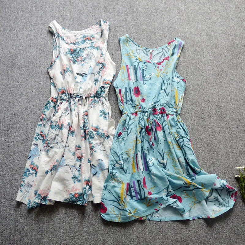 

Summer Mori Girl Comfortable Dress Women Vintage Cotton Floral Bohemian O-Neck Sleeveless Female Vestido Tank Tunic Dresses U572