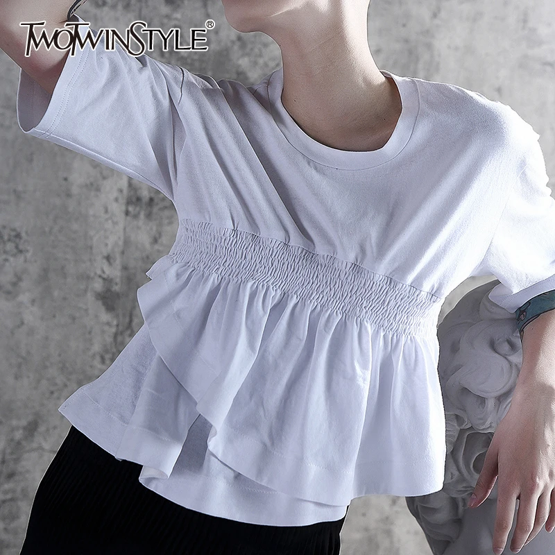 

TWOTWINSTYLE Casual Asymmetrical T-shirt For Women O Neck Half Sleeve Ruffles Irregular Short T-shirts Female 2019 Summer