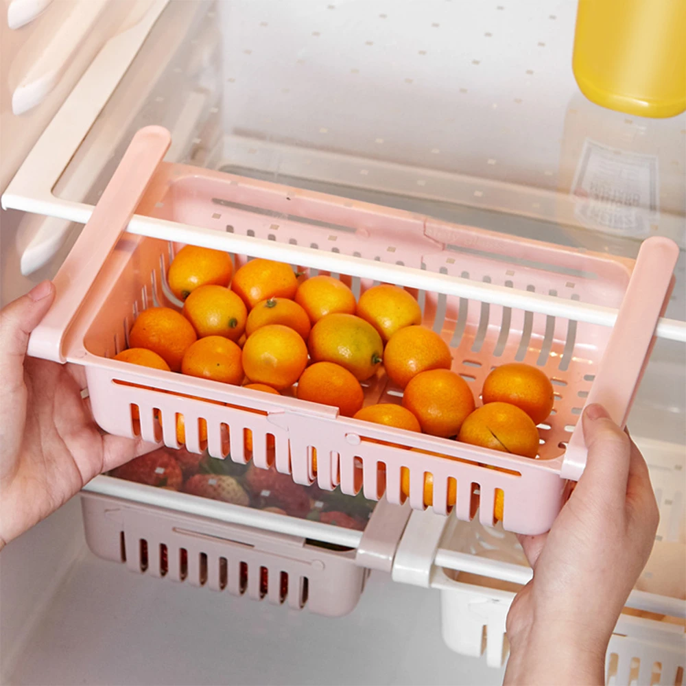 Adjustable kitchen Fridge Organizer Drawer Basket Refrigerator Pull-out Drawers Fresh Spacer Layer Fruit Eggs etc. Storage Rack