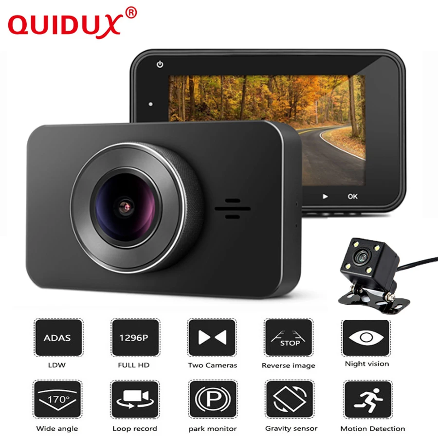 QUIDUX 3 0 Inch Car DVR 1296P Dual lens Car font b Camera b font Video