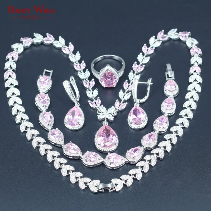 

925 Silver Color Bridal Jewelry Pink White Zircon Jewelry Sets For Women Earrings/Pendant/Necklace/Rings/Bracelet T80