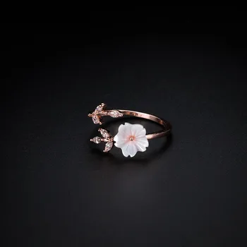 MEJOR OFERTA ❤️ Anillo de hojas de cristal de circón delicado para mujer, dije para chicas, ramas de Color oro rosa, flores de concha de Sakura, anillos abiertos para mujer - discount item 27% OFF Joyas y complementos