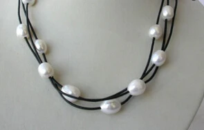 

ddh003589 stunning 3strands big 11mm baroque white freshwater pearl leather necklace