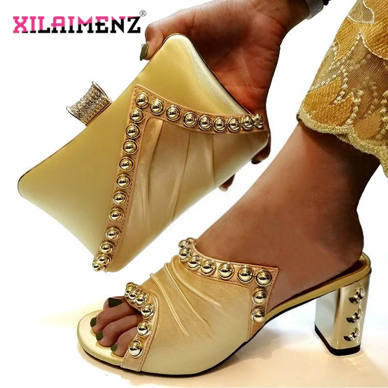 

Autumn New Arrivals African Shoe and Bag Set Women Italian Style Party Shoes and Bag Nigerian Shoes with Matching Bags in Gold