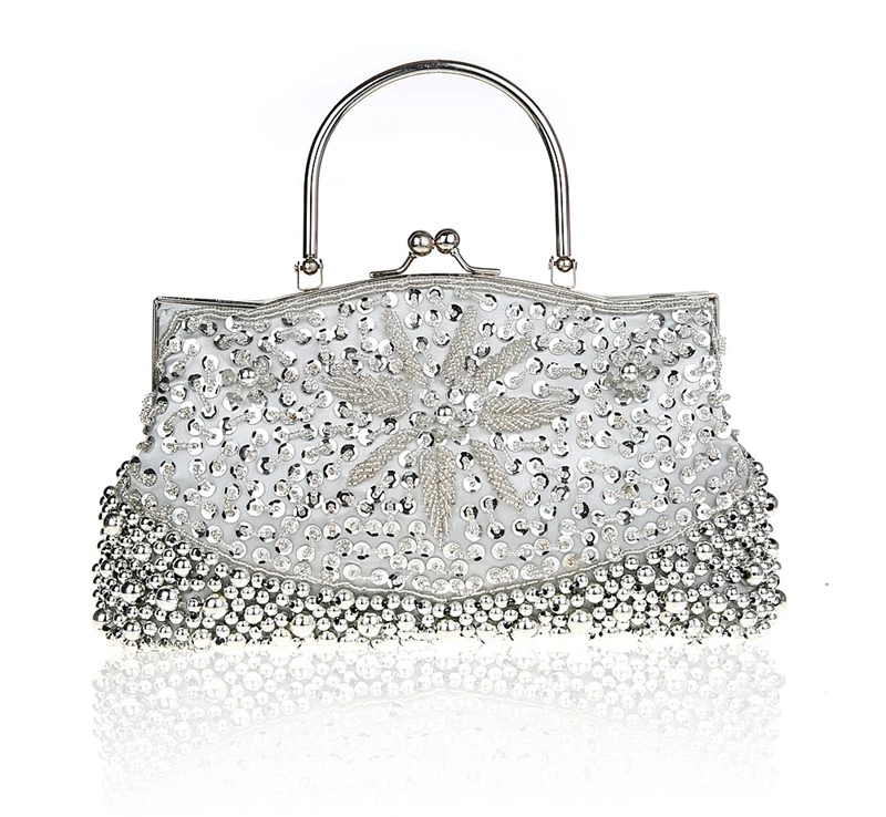 

Silver Chinese Women's Beaded Sequined Handbag Clutch Banquet Wedding Evening Bag Purse Makeup Bag Free Shipping 78189-A