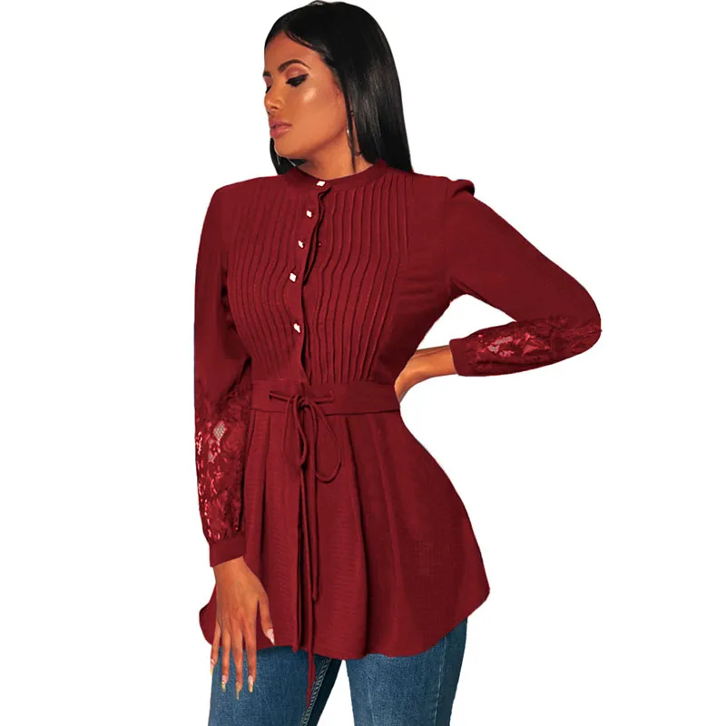SEBOWEL Crinkle кружевная баска блузка Топ Женская Весна Осень женские рубашки с длинным рукавом с поясом на талии женские блузки Топы - Цвет: Red