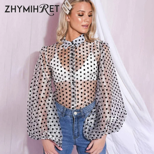 ZHYMIHRET Casual Polka Dot Mesh Blouse Shirt Women 2021 Long Lantern Sleeve Tops And Blouses See Through Blusas Mujer De Moda 5