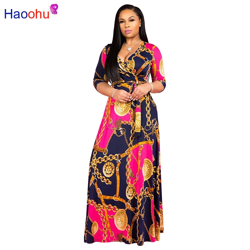HAOOHU 5XL богемное длинное платье с принтом цепочкой сексуальные рукава Осень зима
