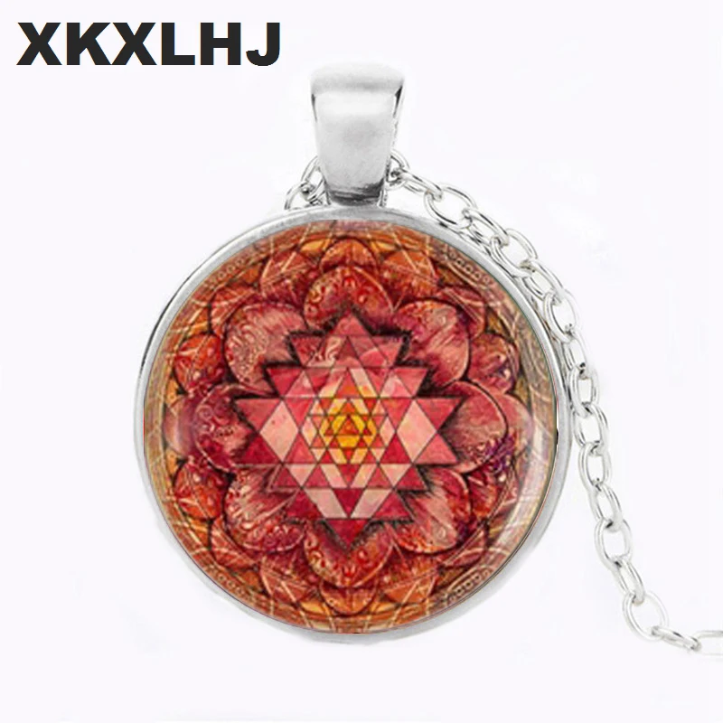 

XKXLHJ Unique Blooming Mandala Sri Yantra Necklace Buddhist Charm Sri Lankan Sacred Geometry Crystal Cabochon Necklaces Pendants