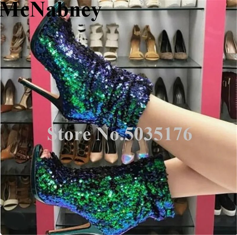 

European Bling Bling Women Peep Toe High Stiletto Heel Mid-Calf Short Boots Platform Boots Slip-On Spring/Autumn Women Shoes
