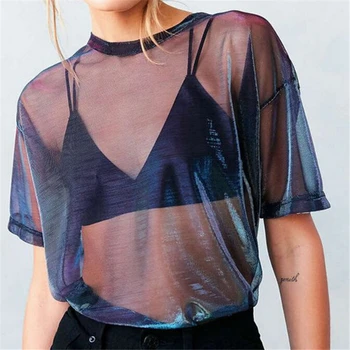 

Women Blouses Short Sleeves Mesh Tops New Sexy Women See Through Blouse Shirt Top Solid Ladies Blouses And Tops Female Clothes