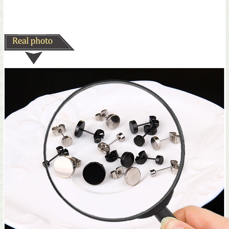 ZMZY Stainless Steel Ear Studs Earrings Black Silver Color Round Shaped Clasp Push Back Earrings for Women Men Jewelry Cool Gift - Image 4