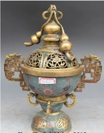 

RHS0123 12" Folk Chinese Cloisonne Enamel Bronze Gilt Dragon Gourd Incense Burner Censer