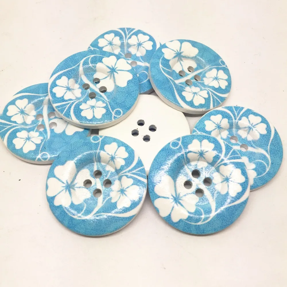 40 шт 30 мм 3 см большие деревянные пуговицы синие цветы 4 отверстия Круглые цветочные DIY шитье украшений ремесла