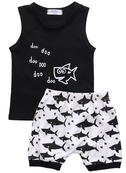 

fashion Newborn Baby Boys Summer Shark Tops letter sleeveless T-shirt Shorts 2Pcs Outfits Set Clothes