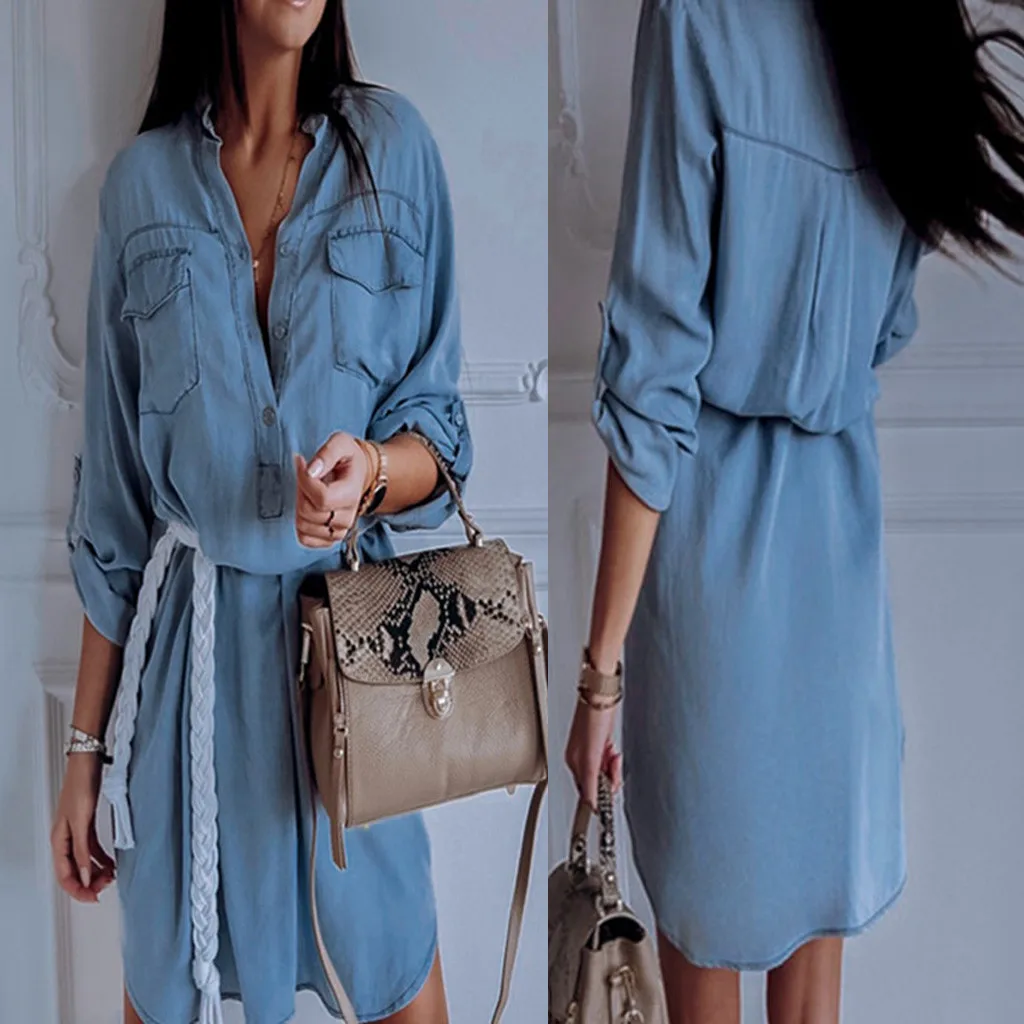 

Womens Long Sleeve Pockets Longline Denim Shirt Dress Ladies Botton Jean dress plus size 2019 summer elegant solid dress