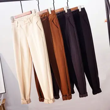 

Autumn Winter Women Wool High Waist Harem Pants Casual Warm Trousers Female Elastic Waist Pantalon Femme Thick Woolen Pants Z66