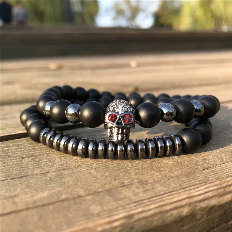 

CZ Skull Charm Bracelet Men's Set Hematite Bracelets&Bangle Cool Men jewelry Gift Pulseira Masculina