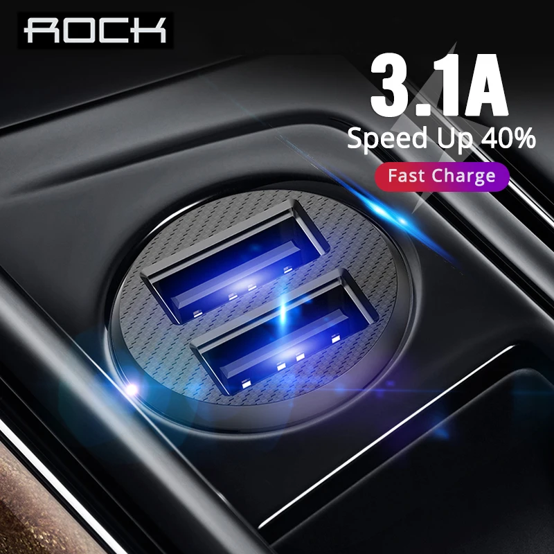 

ROCK 5V 3.1A Mini Dual USB Car Charger Quick Charging Car-Charger Auto Charge 2 Port for iPhone X 8 7 6 Samsung Xiaomi GPS