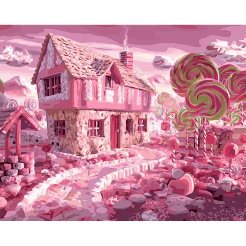 

Pink Candy House Hand Made Paint High Quality Canvas Beautiful Painting By Numbers Surprise Gift Great Accomplishment