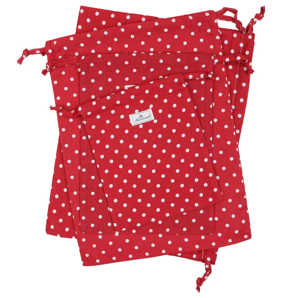 Neoviva حقيبة قطنية برباط حقيبة التخزين للأحذية و الغسيل ، حزمة من 4 في أحجام مختلفة ، البولكا النقاط مصاصة الأحمر الغسيل أكياس