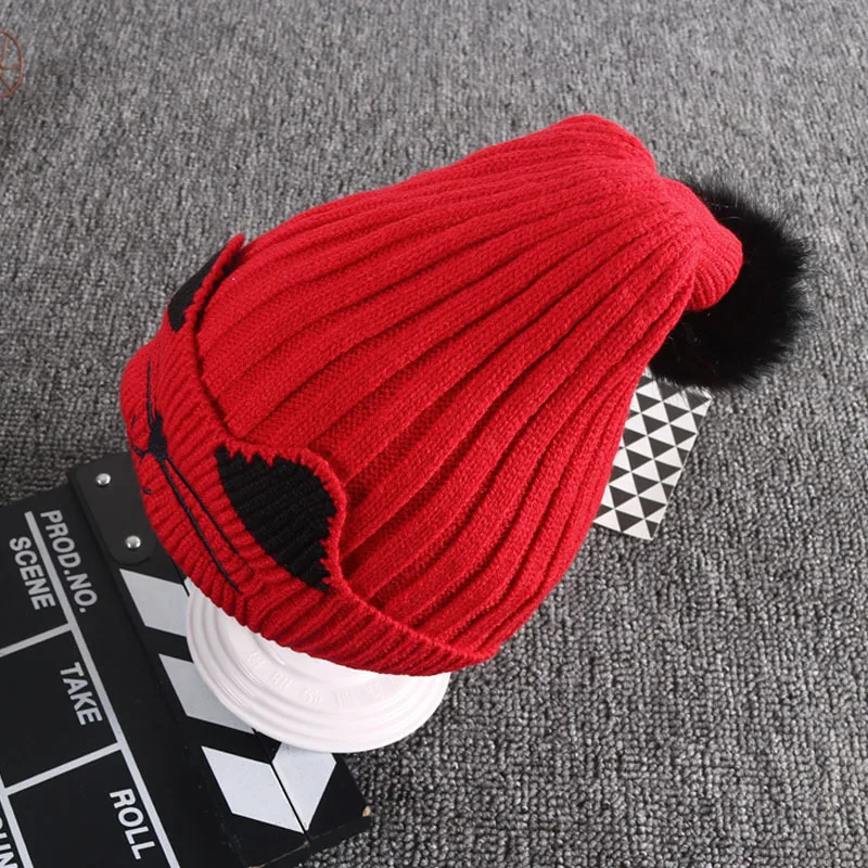 Зимняя детская шапка с рисунком кота Стиль уха крючком трикотажные шапки для новорожденных Обувь для мальчиков Обувь для девочек Для детей весна волосы - Цвет: Красный