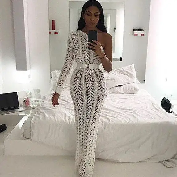

2019 New Knitting Long Skirt Women One Shoulder Skirt Sexy Hollow Out High Split Club Party Skirts Sweater Vestido DW478