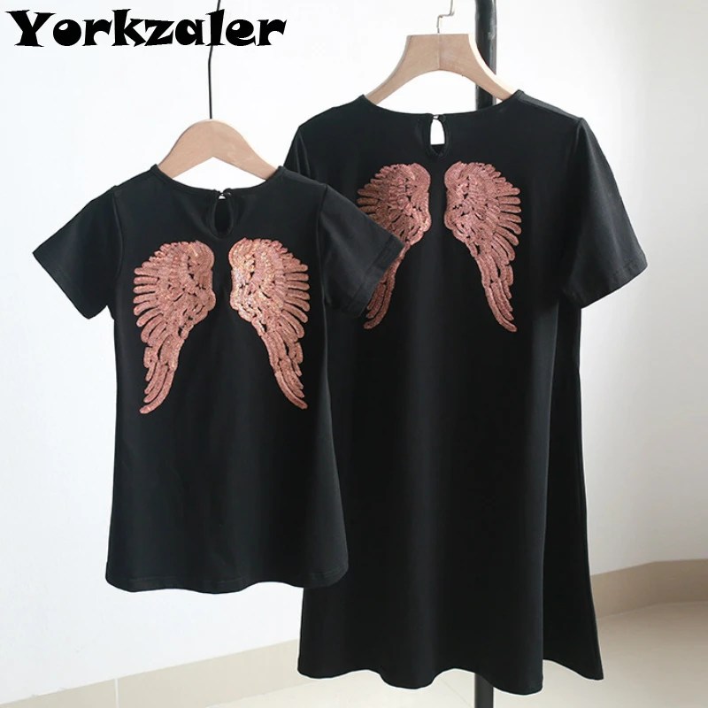 

Mother and Daughter Match Dress Angel Wing Sequins Embroidered T-shirt for Children Dress Mom and Baby Girl Family Clothes Dress