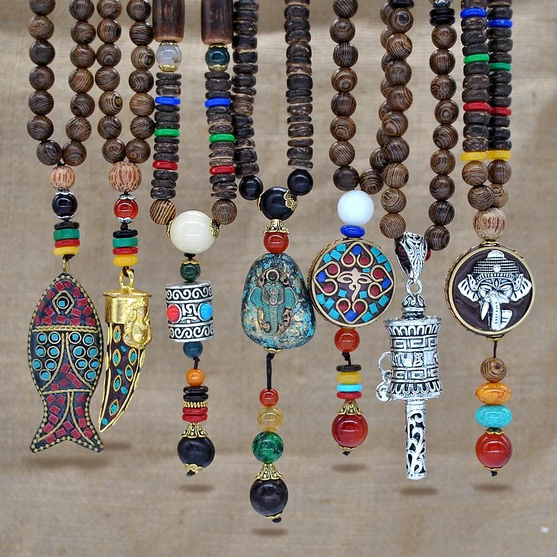 

Nepal Mala Buddhist Wood Beads Necklace Stone Abacus Boho Ethnic Tibetan Fish Pendant Long Statement Necklaces for Women Men 1PC