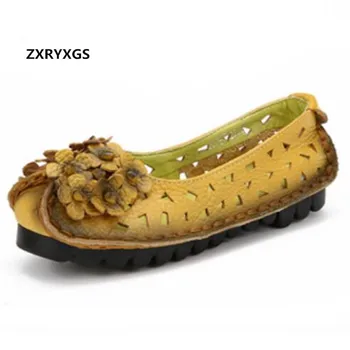 

2019 New Hollow Summer Sandals Flat with Soft Bottom Women Shoes Fashion Sandals Flower Real Cowhide Leather Shoes Woman Sandals