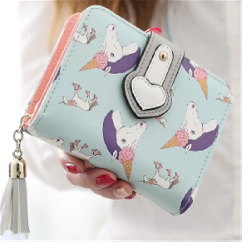 

Short cute hand-painted cartoon pattern coin purse, Zipper Hasp two fold wallet,Coin Pocket /Note Compartment/Photo Holder
